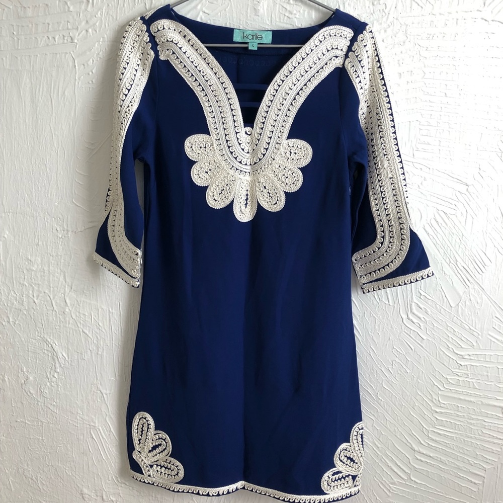 Karlie Blue Dress with Lace Trim